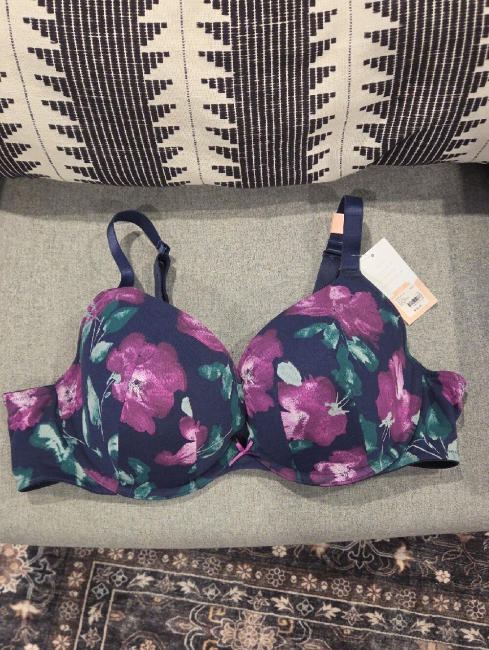 Cacique Navy Bra with Purple Floral Print